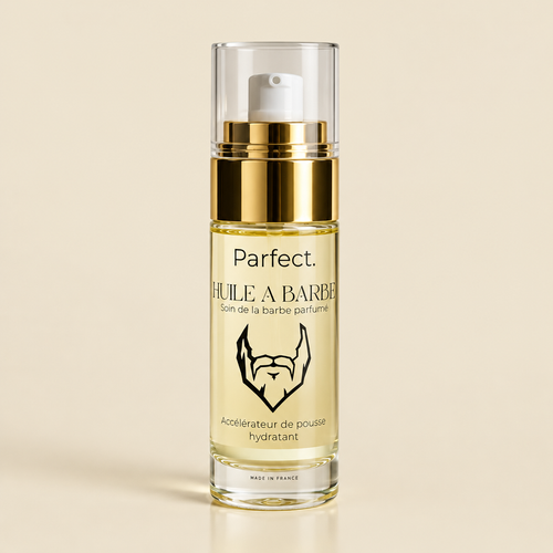 Huile à barbe parfumée Barber Pro PARFECT, flacon en verre au col doré