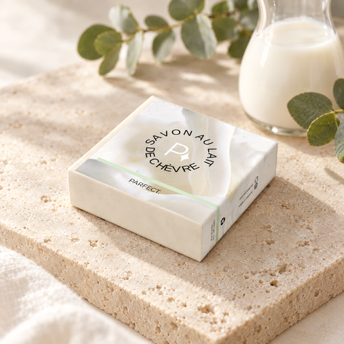 Savon au lait de chèvre PARFECT dans son emballage, sur une pierre de travertin